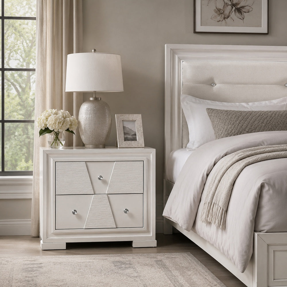 Hezi Bedside Nightstand, 2 Drawer, White Zig Zag Front, Acrylic Knobs-BM353146