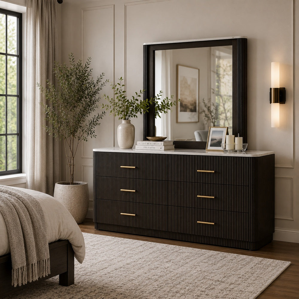 Lim Dresser Mirror, Dark Walnut Brown, Faux Marble, 39x45 Fluted Frame-BM353153