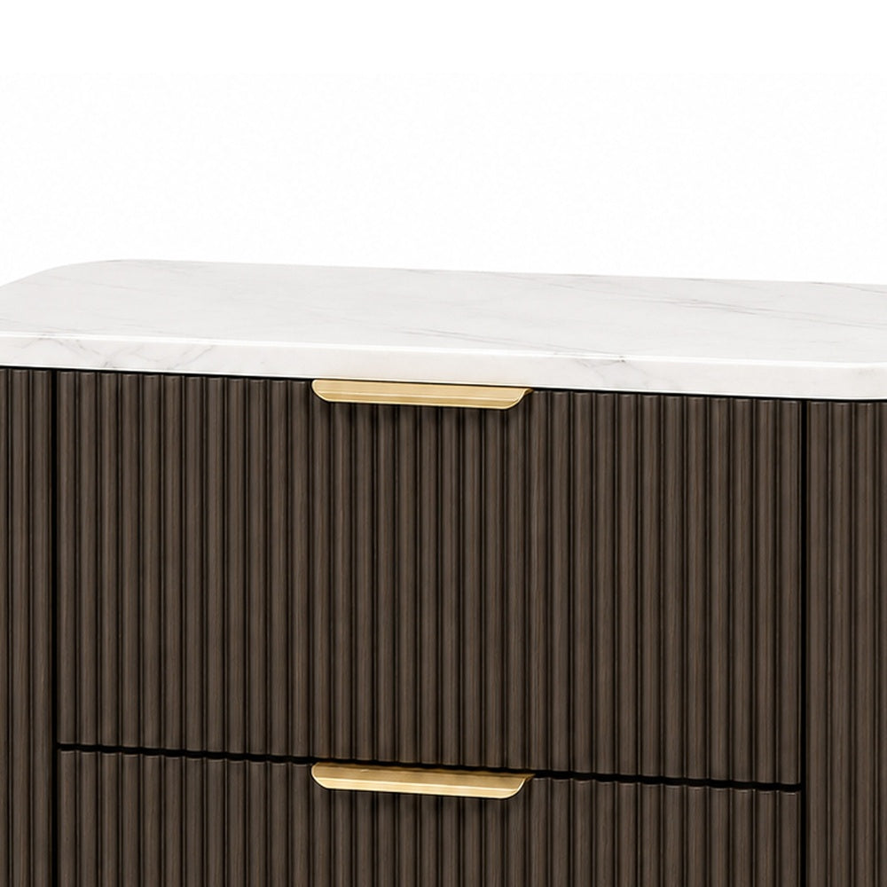 Lim Nightstand, 6 Drawers, White Faux Marble, Dark Walnut Brown-BM353154