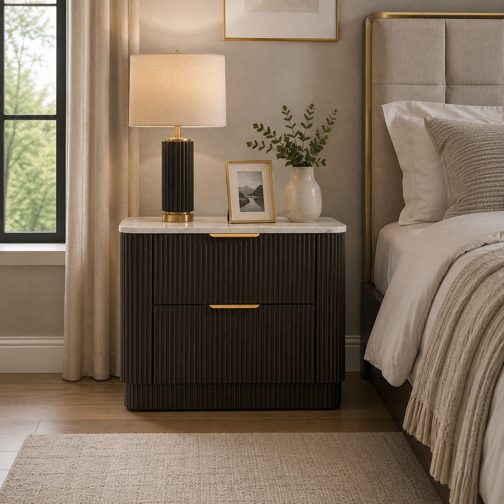 Lim Nightstand, 6 Drawers, White Faux Marble, Dark Walnut Brown-BM353154