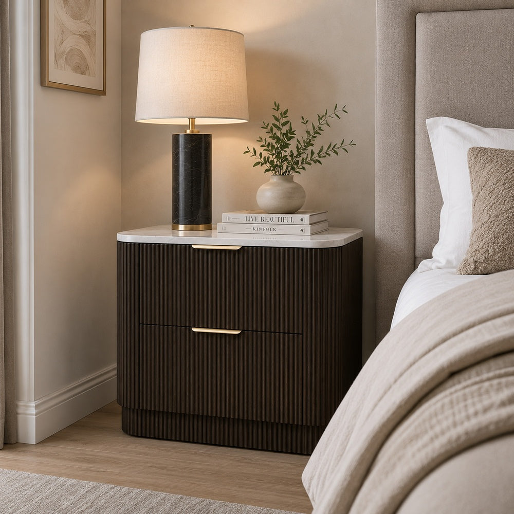 Lim Nightstand, 6 Drawers, White Faux Marble, Dark Walnut Brown-BM353154