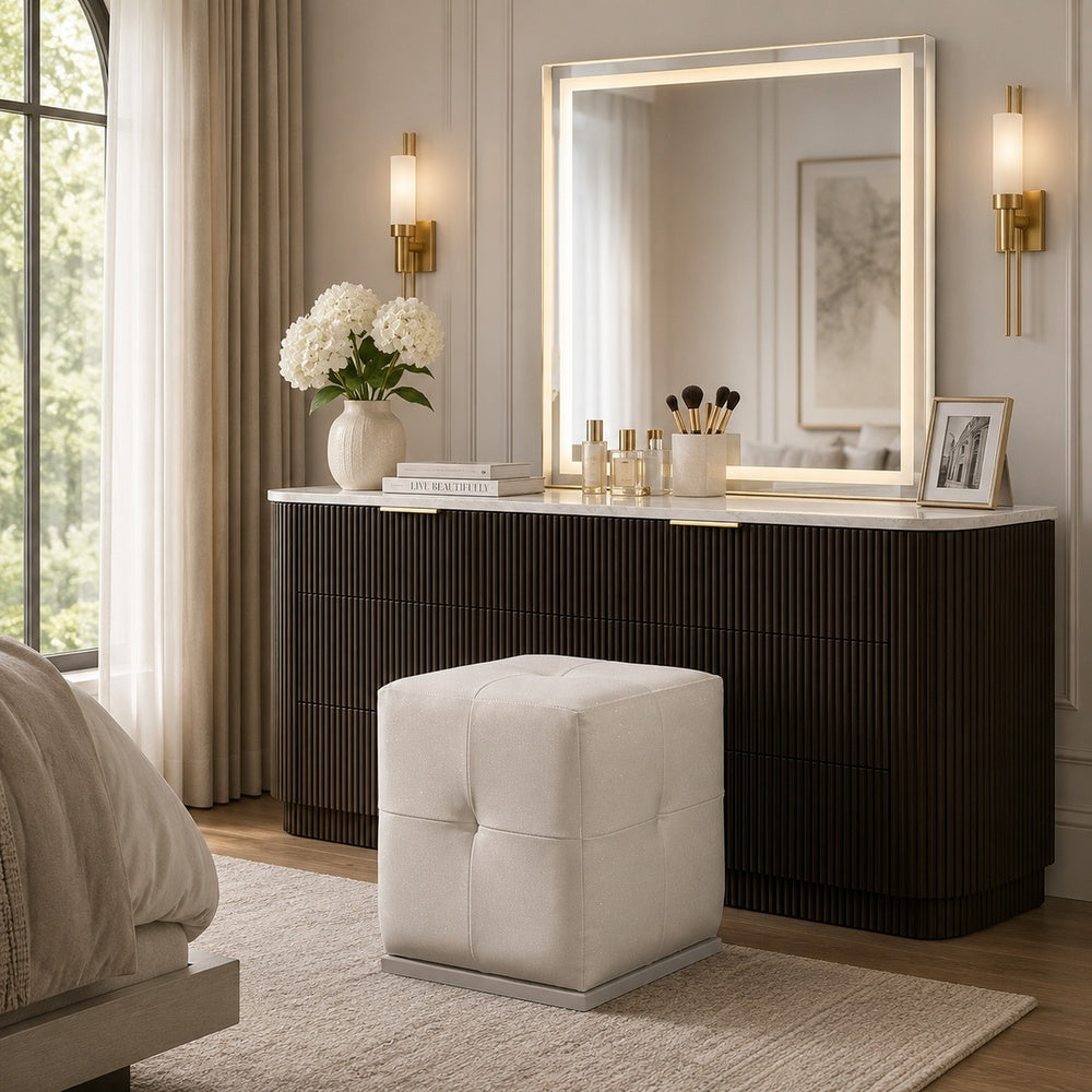 Keza Vanity Stool, White Tufted Seat, 19 Inch Cubic Membrane Press-BM353155