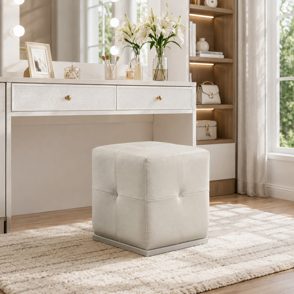 Keza Vanity Stool, White Tufted Seat, 19 Inch Cubic Membrane Press-BM353155
