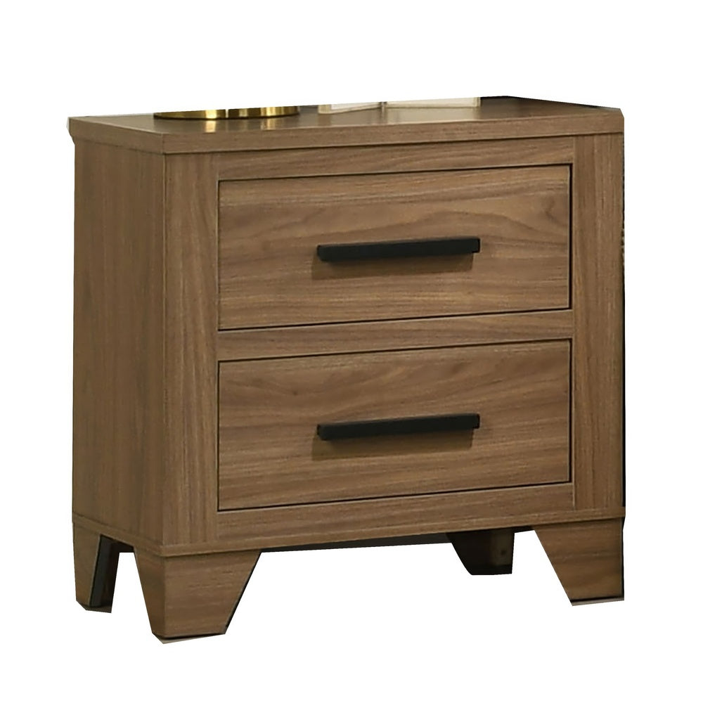 Pize Nightstand, 2 Drawers, Black Metal Linear Bar Pulls, Walnut Brown-BM353158