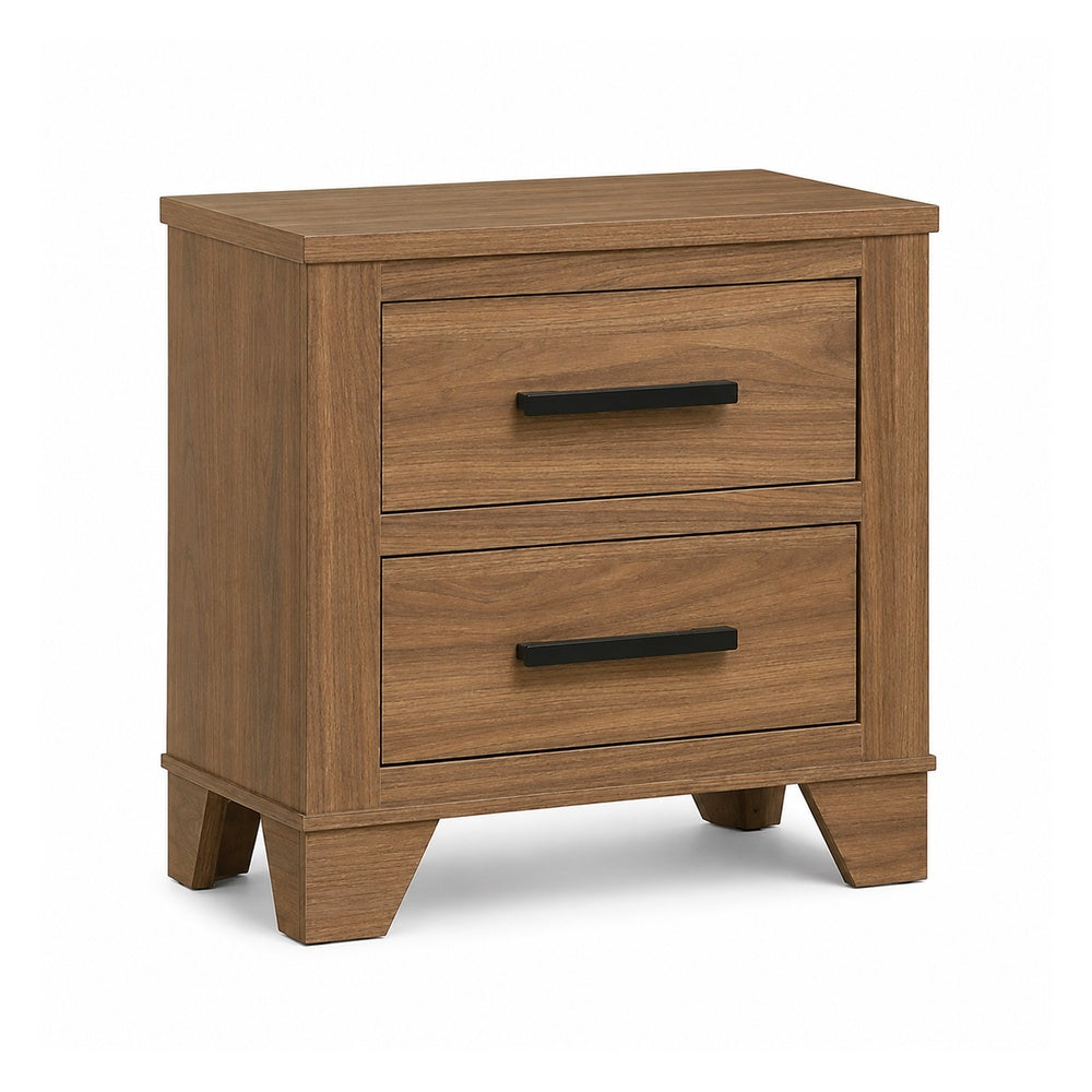 Pize Nightstand, 2 Drawers, Black Metal Linear Bar Pulls, Walnut Brown-BM353158