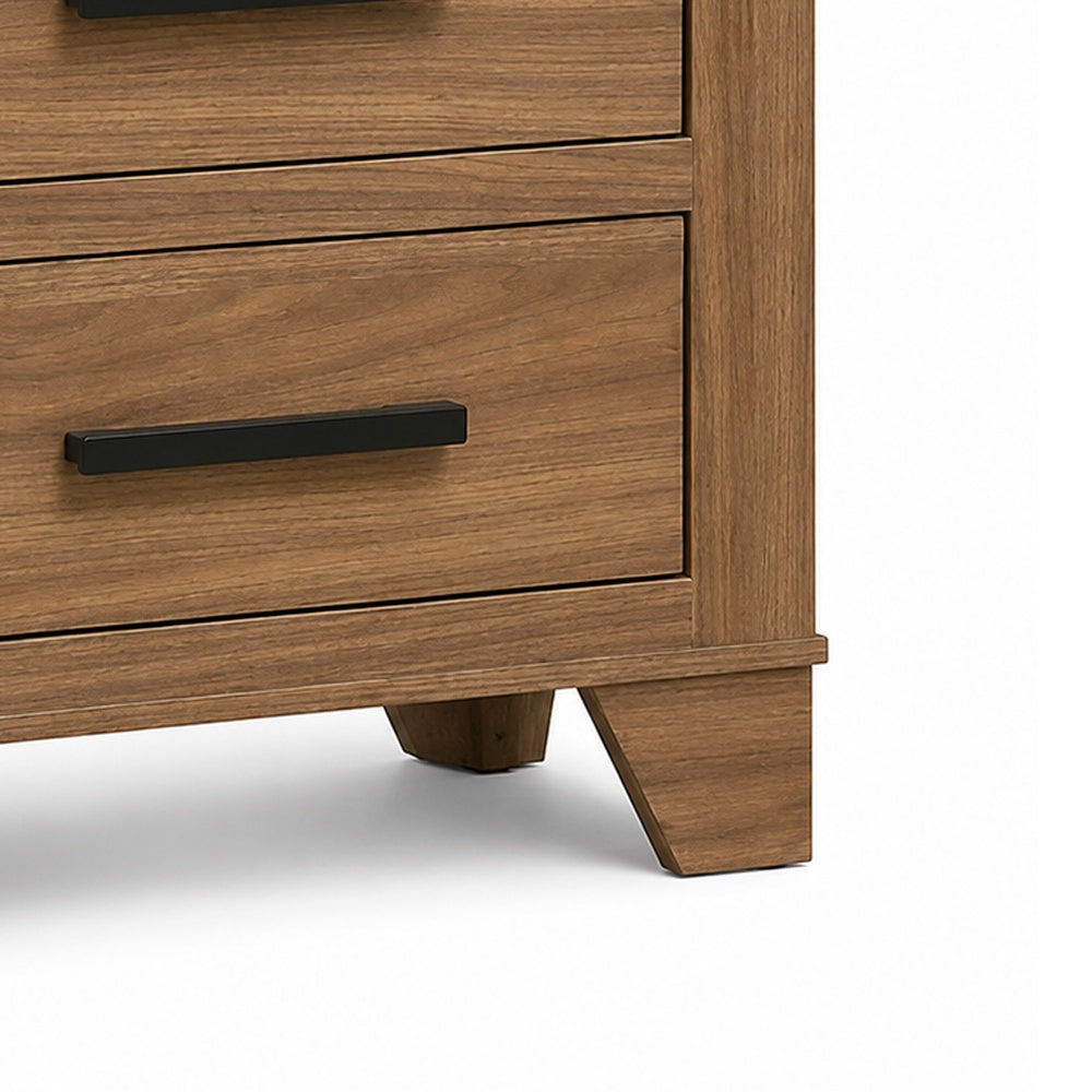 Pize Nightstand, 2 Drawers, Black Metal Linear Bar Pulls, Walnut Brown-BM353158