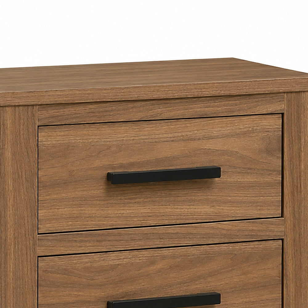Pize Nightstand, 2 Drawers, Black Metal Linear Bar Pulls, Walnut Brown-BM353158