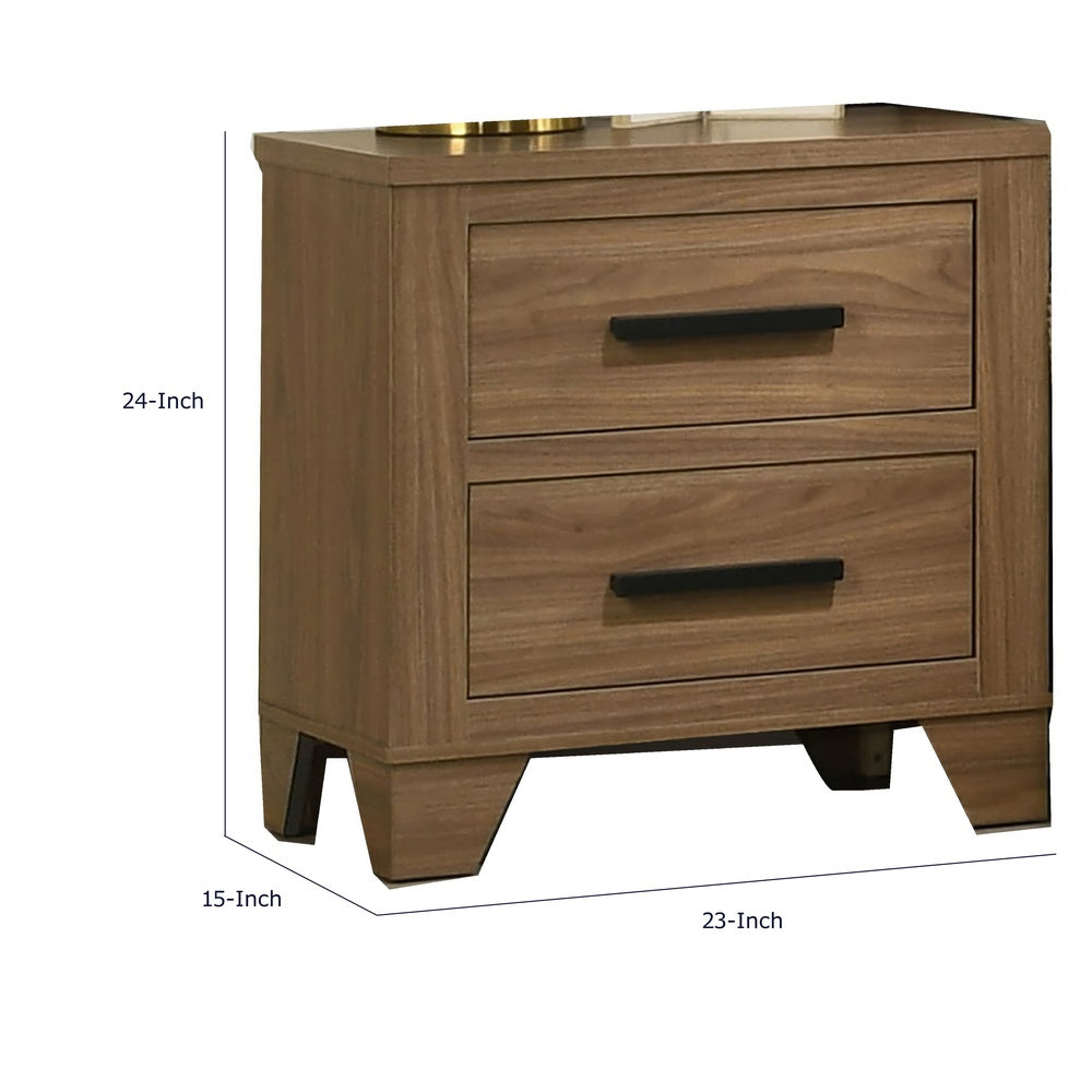 Pize Nightstand, 2 Drawers, Black Metal Linear Bar Pulls, Walnut Brown-BM353158