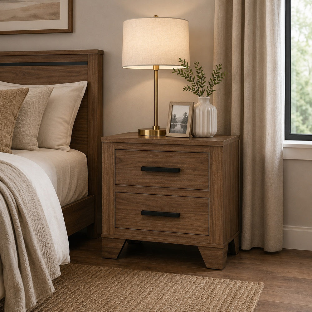 Pize Nightstand, 2 Drawers, Black Metal Linear Bar Pulls, Walnut Brown-BM353158