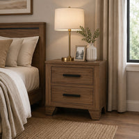 Pize Nightstand, 2 Drawers, Black Metal Linear Bar Pulls, Walnut Brown-BM353158