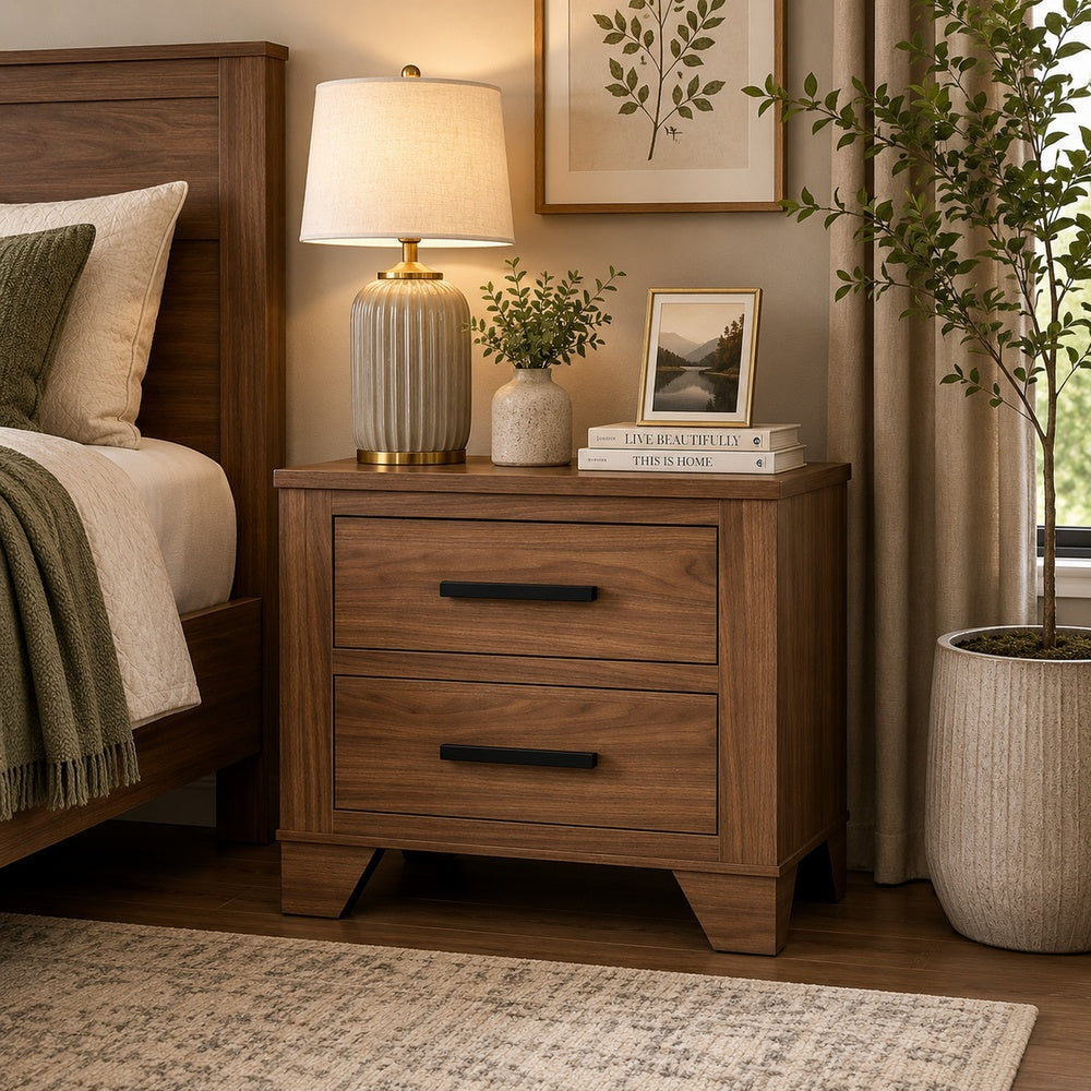 Pize Nightstand, 2 Drawers, Black Metal Linear Bar Pulls, Walnut Brown-BM353158