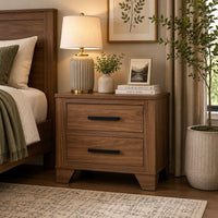 Pize Nightstand, 2 Drawers, Black Metal Linear Bar Pulls, Walnut Brown-BM353158