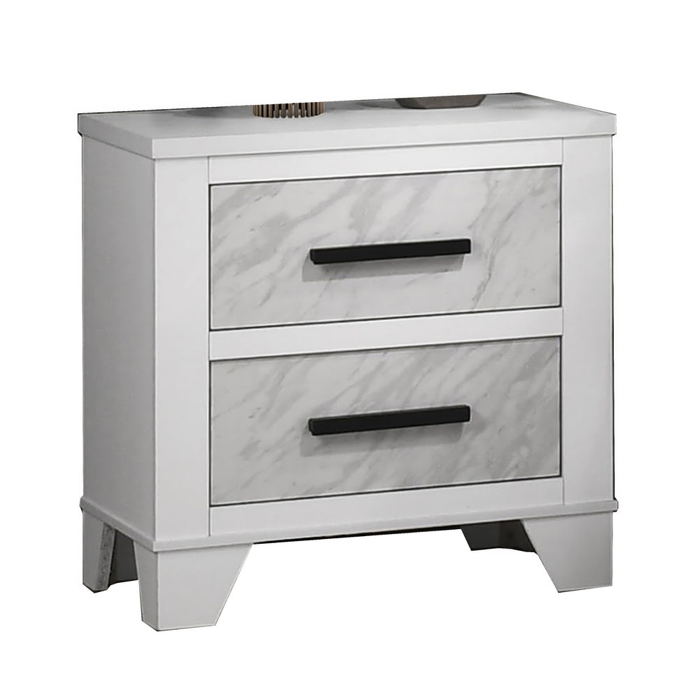 Feza Nightstand, 2 Drawers with Faux Marble Inset, Black Pulls, White-BM353160