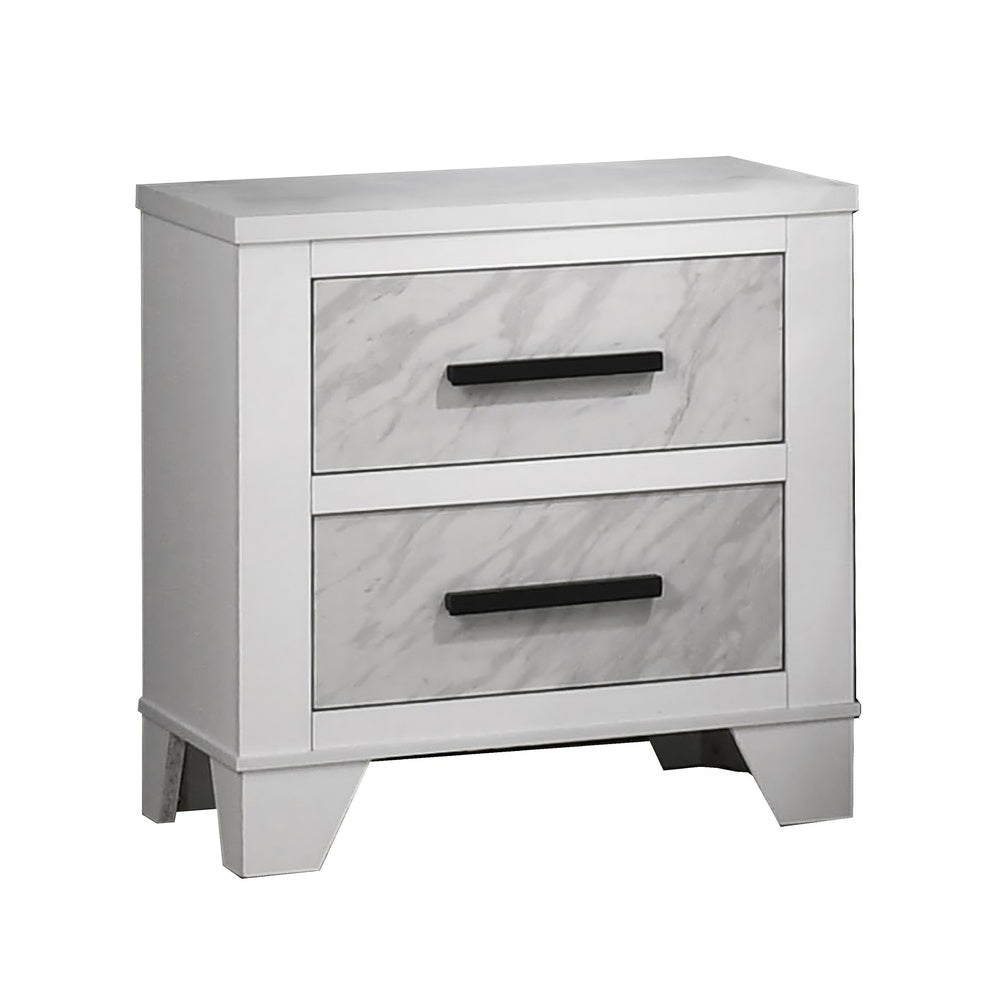 Feza Nightstand, 2 Drawers with Faux Marble Inset, Black Pulls, White-BM353160