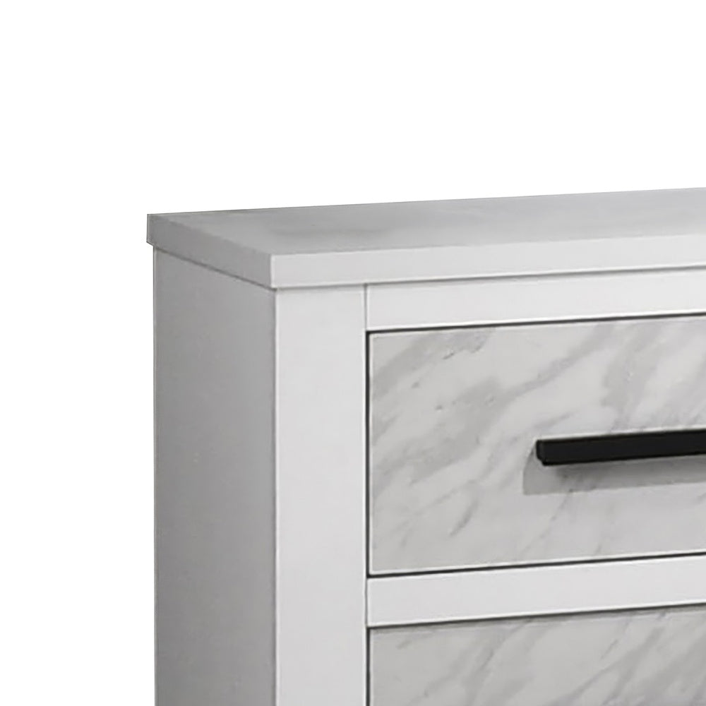 Feza Nightstand, 2 Drawers with Faux Marble Inset, Black Pulls, White-BM353160