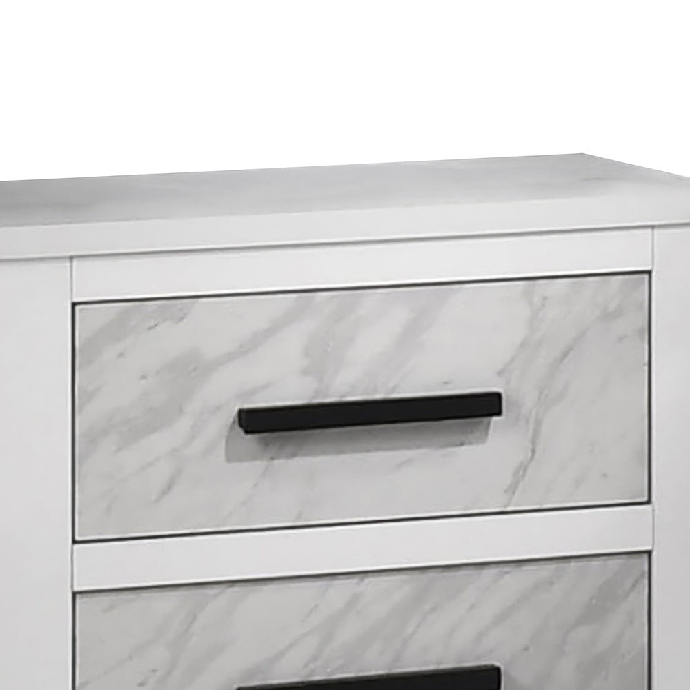 Feza Nightstand, 2 Drawers with Faux Marble Inset, Black Pulls, White-BM353160