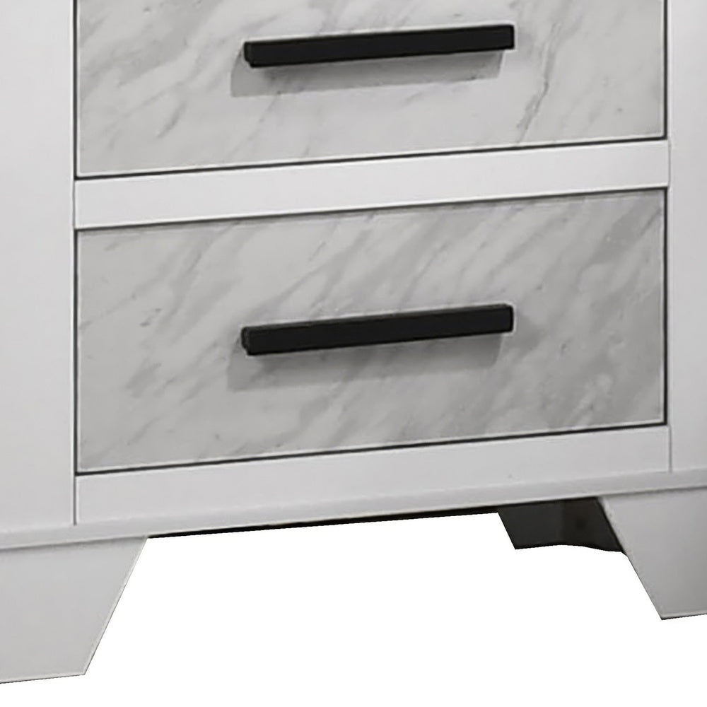Feza Nightstand, 2 Drawers with Faux Marble Inset, Black Pulls, White-BM353160