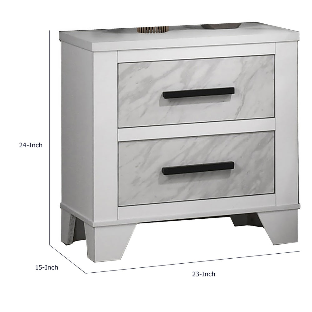 Feza Nightstand, 2 Drawers with Faux Marble Inset, Black Pulls, White-BM353160