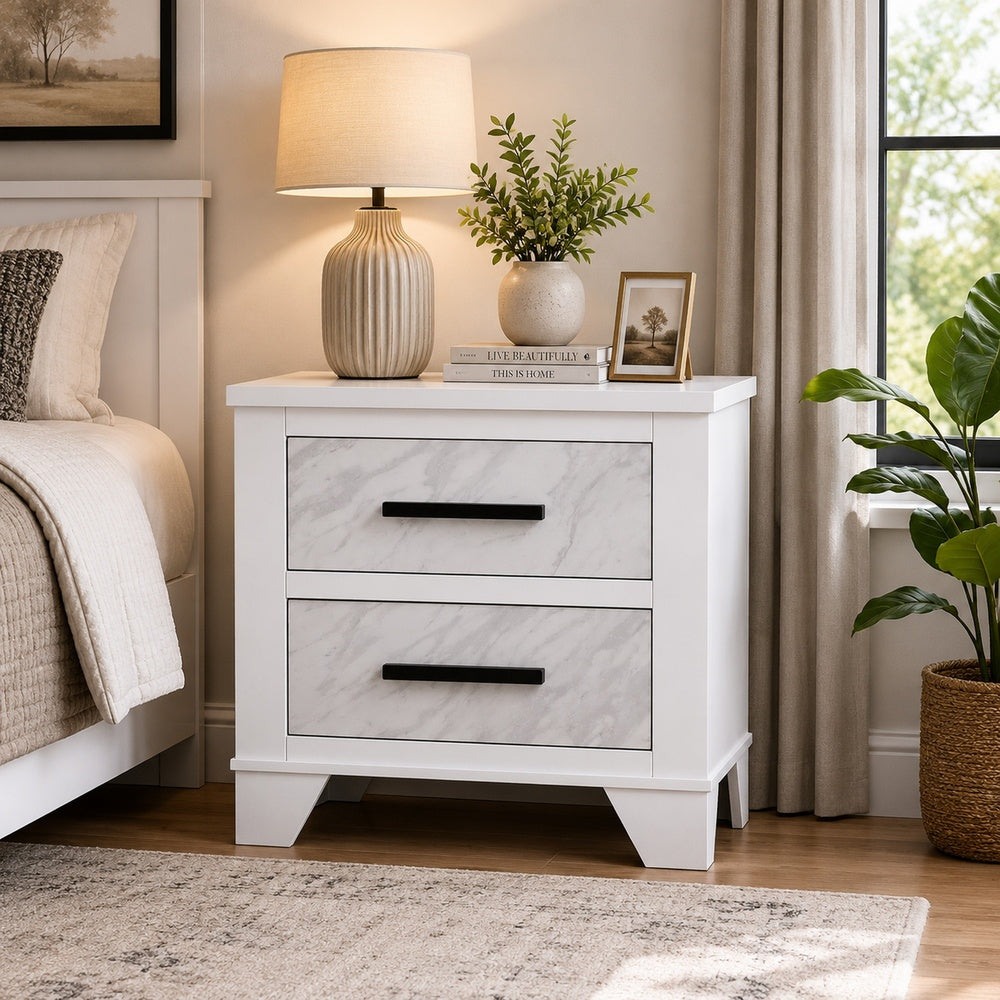 Feza Nightstand, 2 Drawers with Faux Marble Inset, Black Pulls, White-BM353160