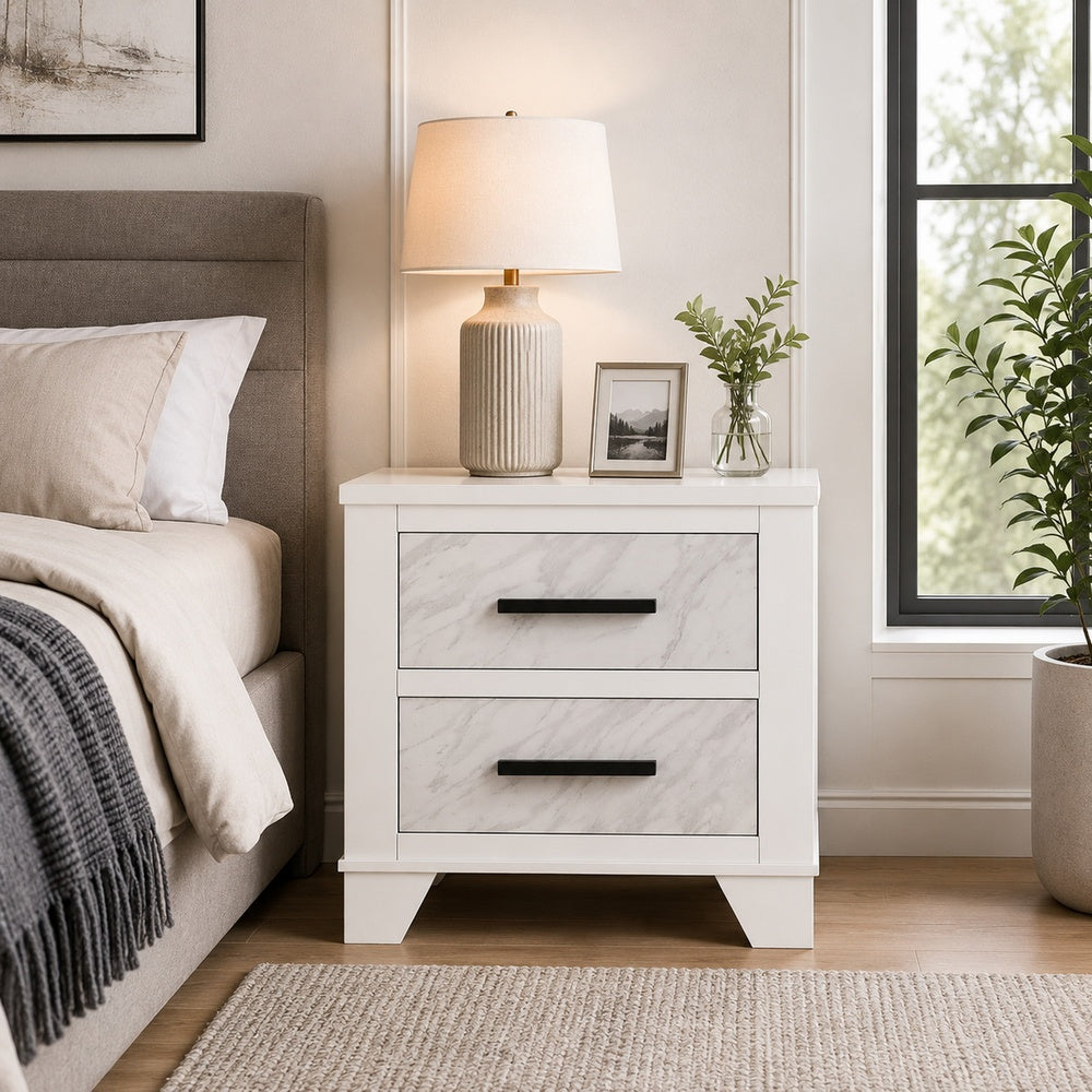 Feza Nightstand, 2 Drawers with Faux Marble Inset, Black Pulls, White-BM353160