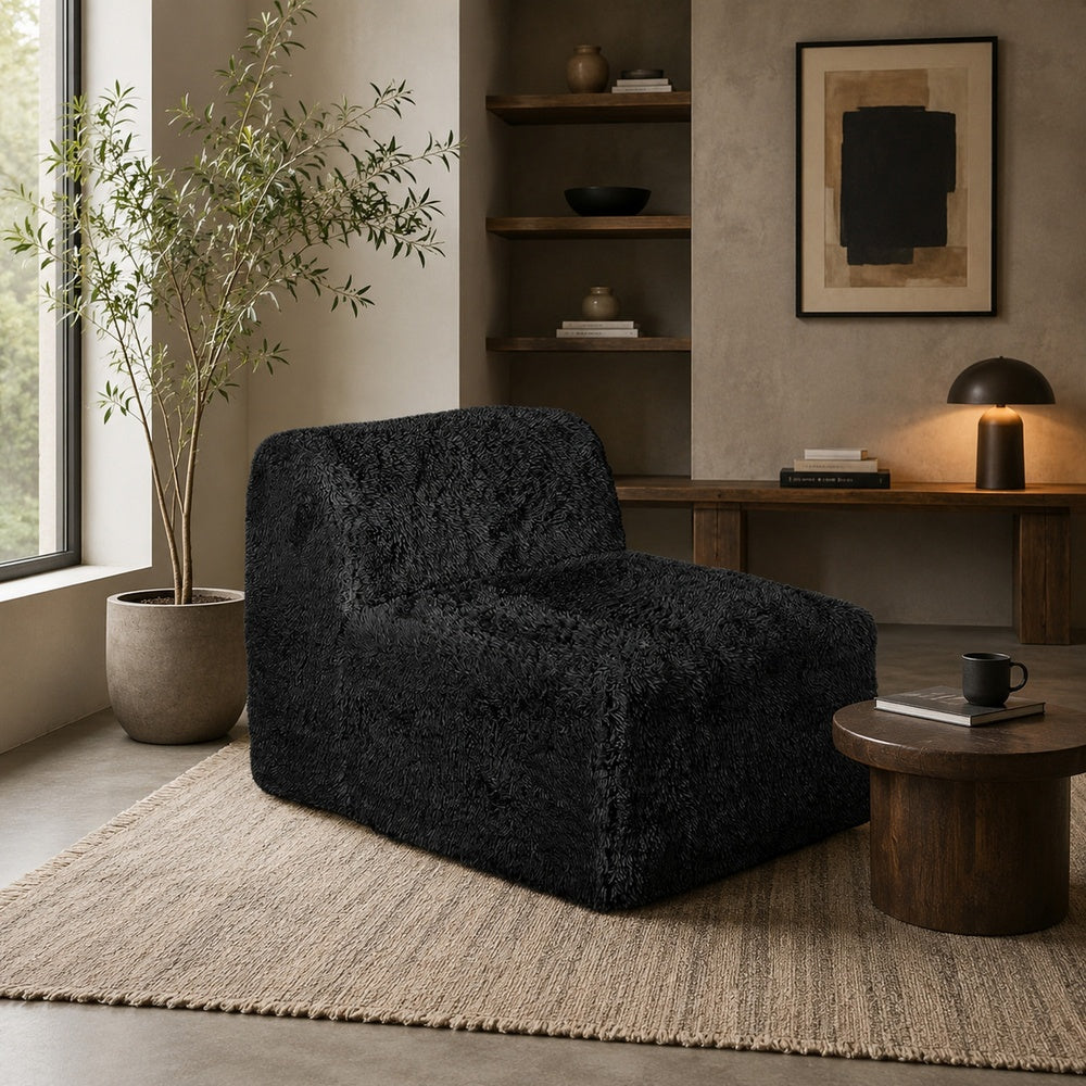 Appi Modular Armless Chair, Compressed Foam Fill Black Shaggy Faux Fur-BM353167
