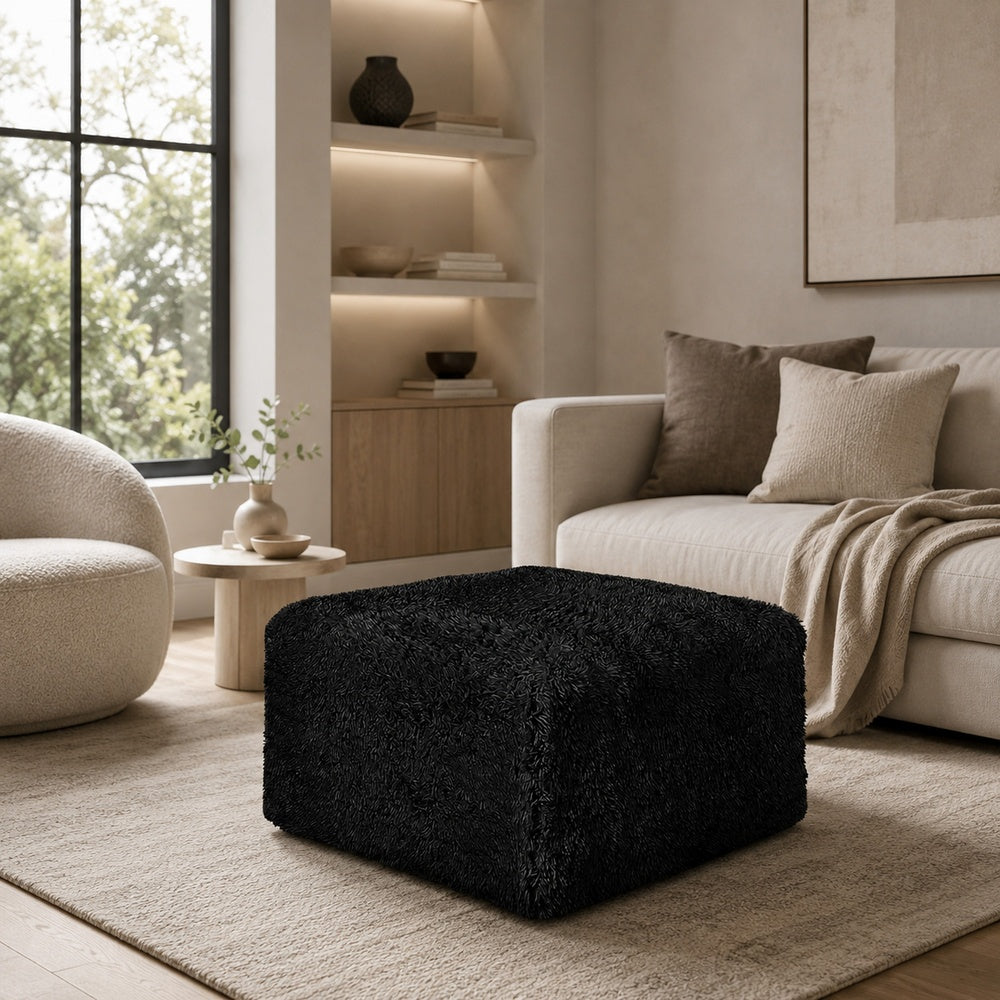 Appi Modular Square Ottoman, Compressed Foam, Black Faux Fur 27 Inch-BM353168