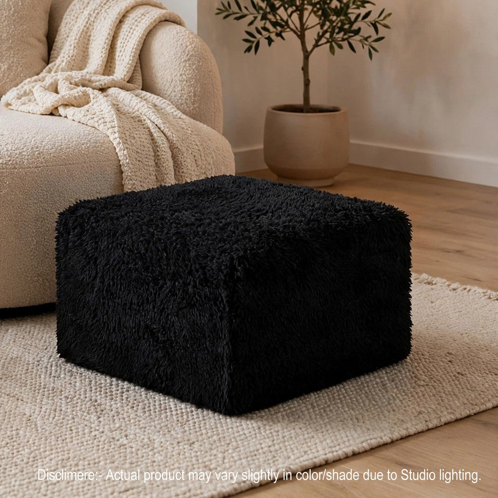 Appi Modular Square Ottoman, Compressed Foam, Black Faux Fur 27 Inch-BM353168