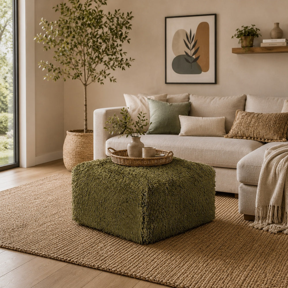 Appi Modular Square Ottoman, Compressed Foam, Olive Green Faux Fur 27 Inch-BM353170