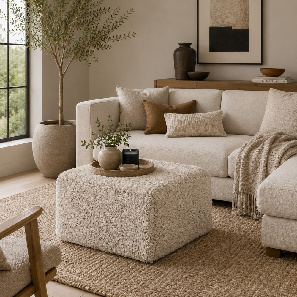 Appi Modular Square Ottoman, Compressed Foam, Taupe Brown Faux Fur 27 Inch-BM353172
