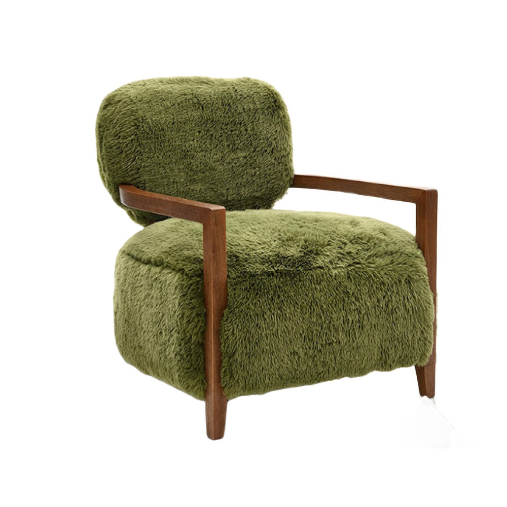 Emery Accent Chair with Wooden Arms Sculptural Design, Green Faux Fur-BM353182