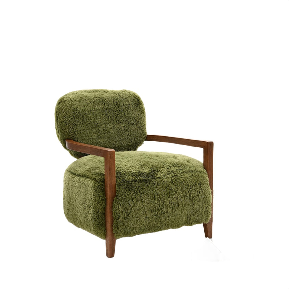 Emery Accent Chair with Wooden Arms Sculptural Design, Green Faux Fur-BM353182