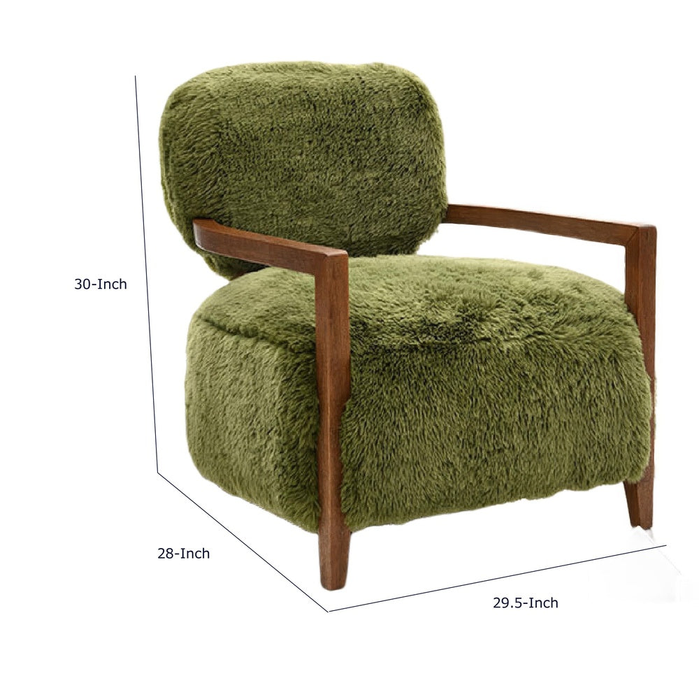 Emery Accent Chair with Wooden Arms Sculptural Design, Green Faux Fur-BM353182