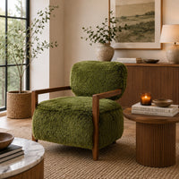 Emery Accent Chair with Wooden Arms Sculptural Design, Green Faux Fur-BM353182