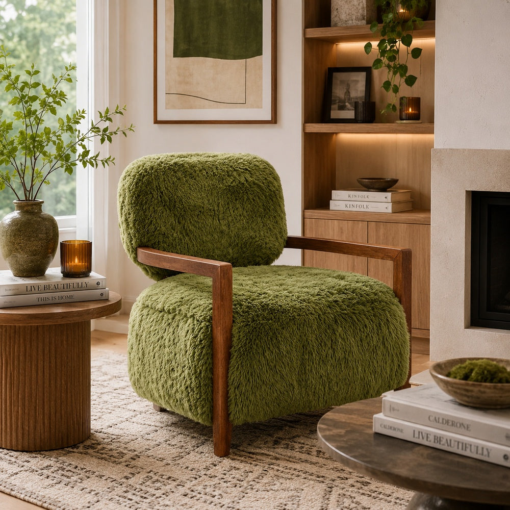 Emery Accent Chair with Wooden Arms Sculptural Design, Green Faux Fur-BM353182