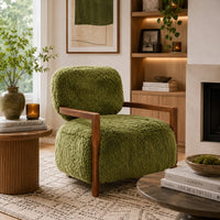 Emery Accent Chair with Wooden Arms Sculptural Design, Green Faux Fur-BM353182