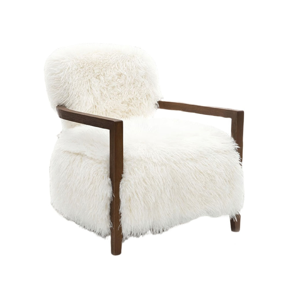 Emery Accent Chair with Wooden Arms Sculptural Design, White Faux Fur-BM353183