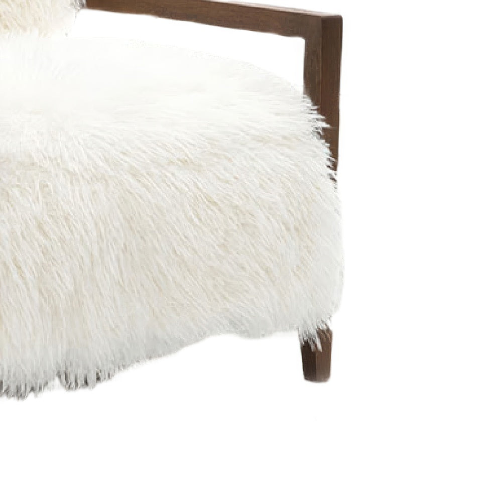 Emery Accent Chair with Wooden Arms Sculptural Design, White Faux Fur-BM353183