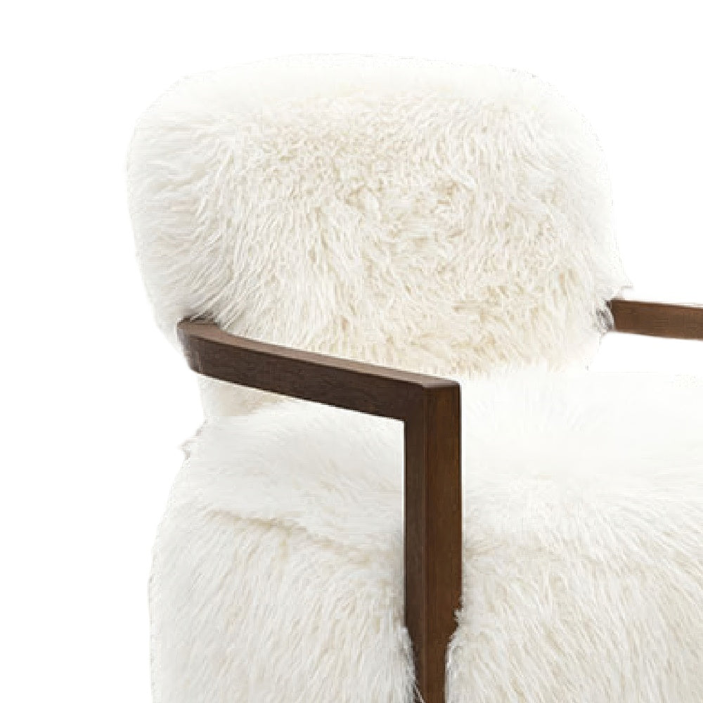 Emery Accent Chair with Wooden Arms Sculptural Design, White Faux Fur-BM353183