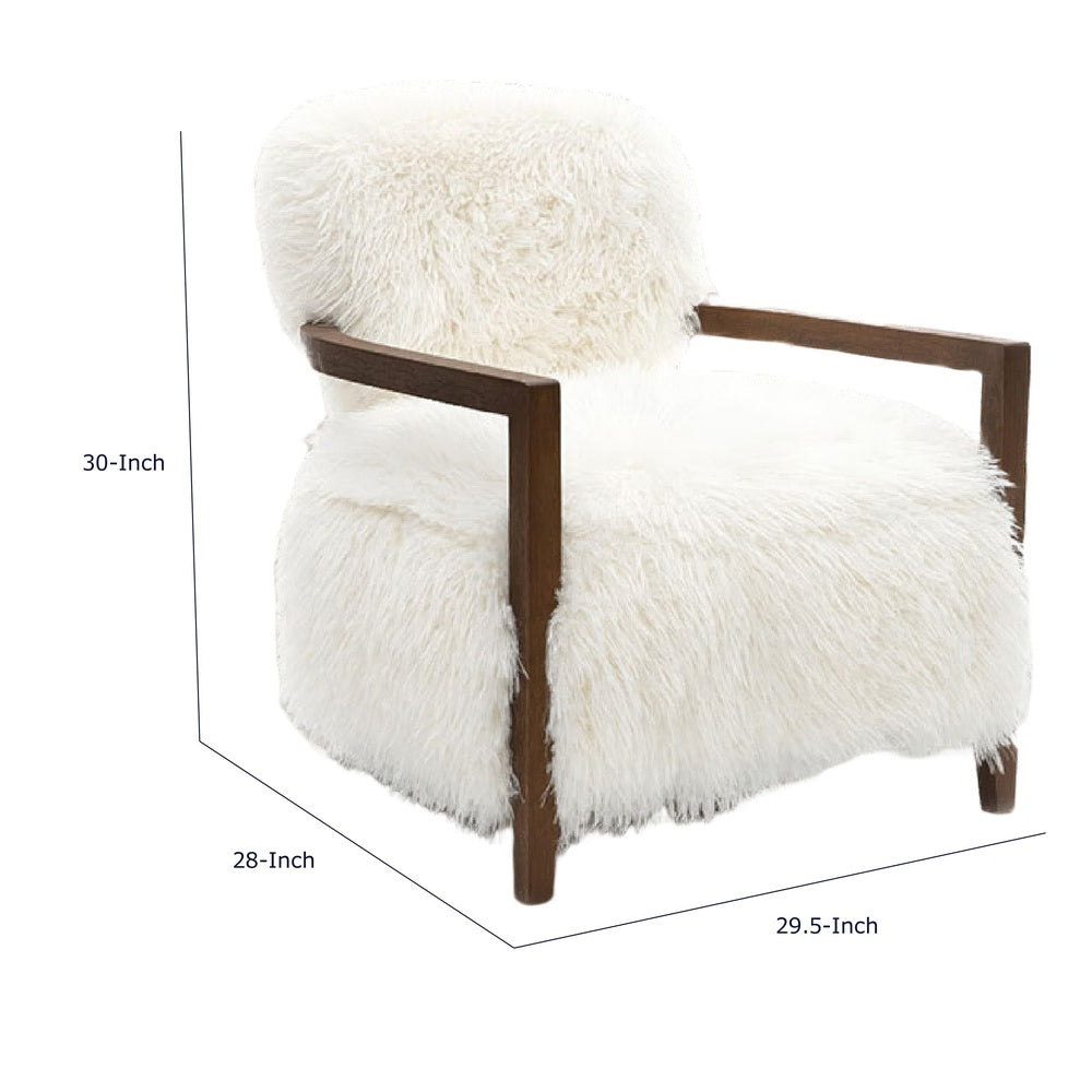 Emery Accent Chair with Wooden Arms Sculptural Design, White Faux Fur-BM353183
