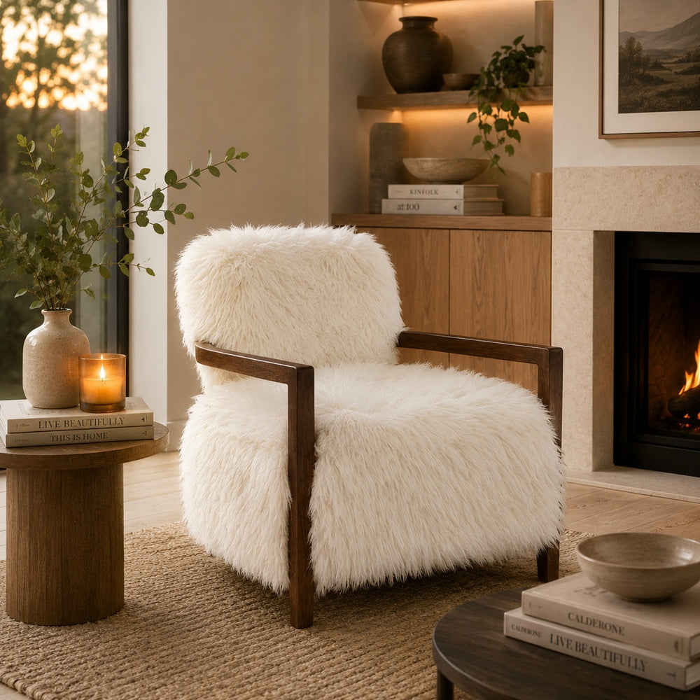 Emery Accent Chair with Wooden Arms Sculptural Design, White Faux Fur-BM353183