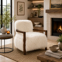 Emery Accent Chair with Wooden Arms Sculptural Design, White Faux Fur-BM353183