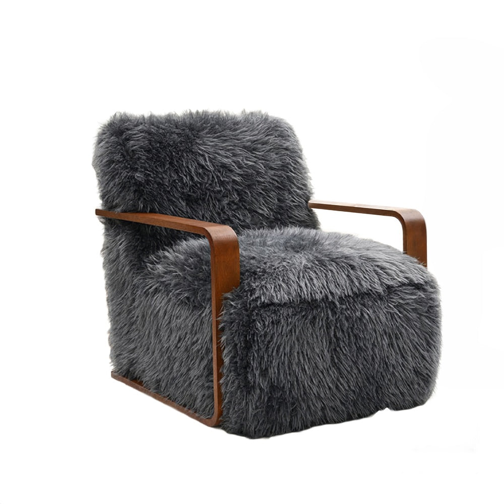 Lama Accent Chair with Wooden Arms, Retro Design, Charcoal Faux-Fur-BM353184