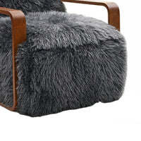 Lama Accent Chair with Wooden Arms, Retro Design, Charcoal Faux-Fur-BM353184