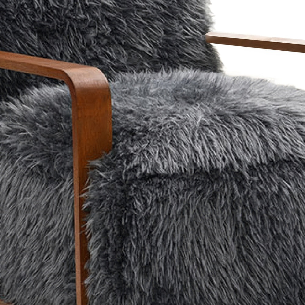 Lama Accent Chair with Wooden Arms, Retro Design, Charcoal Faux-Fur-BM353184