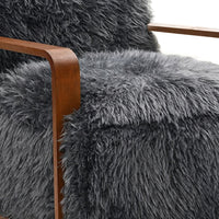 Lama Accent Chair with Wooden Arms, Retro Design, Charcoal Faux-Fur-BM353184
