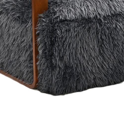 Lama Accent Chair with Wooden Arms, Retro Design, Charcoal Faux-Fur