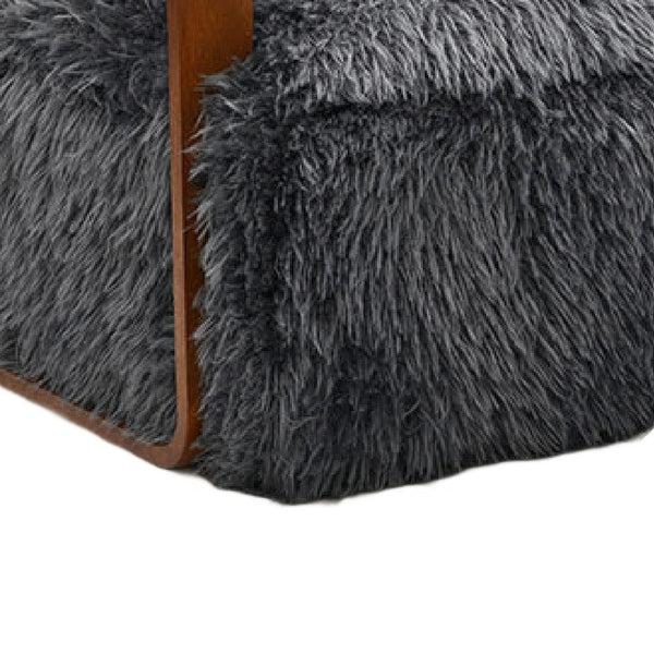 Lama Accent Chair with Wooden Arms, Retro Design, Charcoal Faux-Fur