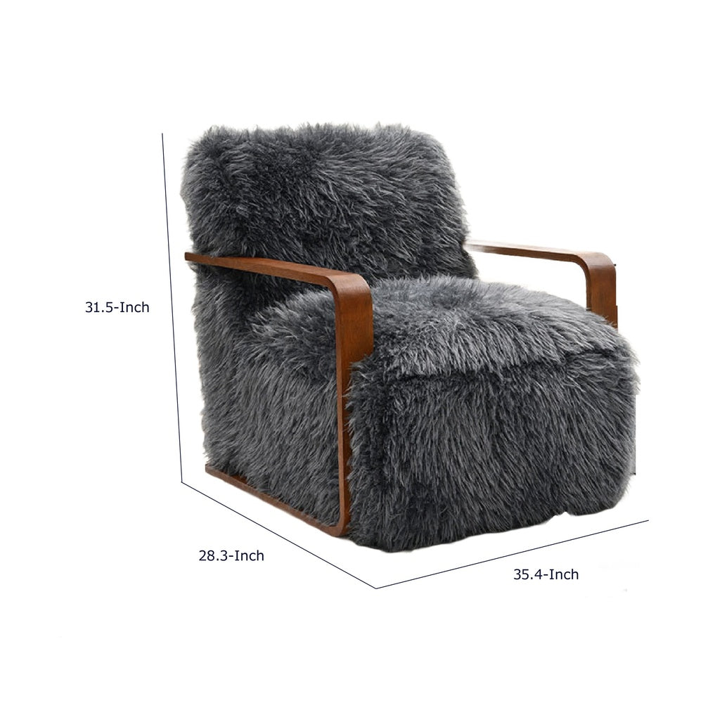 Lama Accent Chair with Wooden Arms, Retro Design, Charcoal Faux-Fur-BM353184