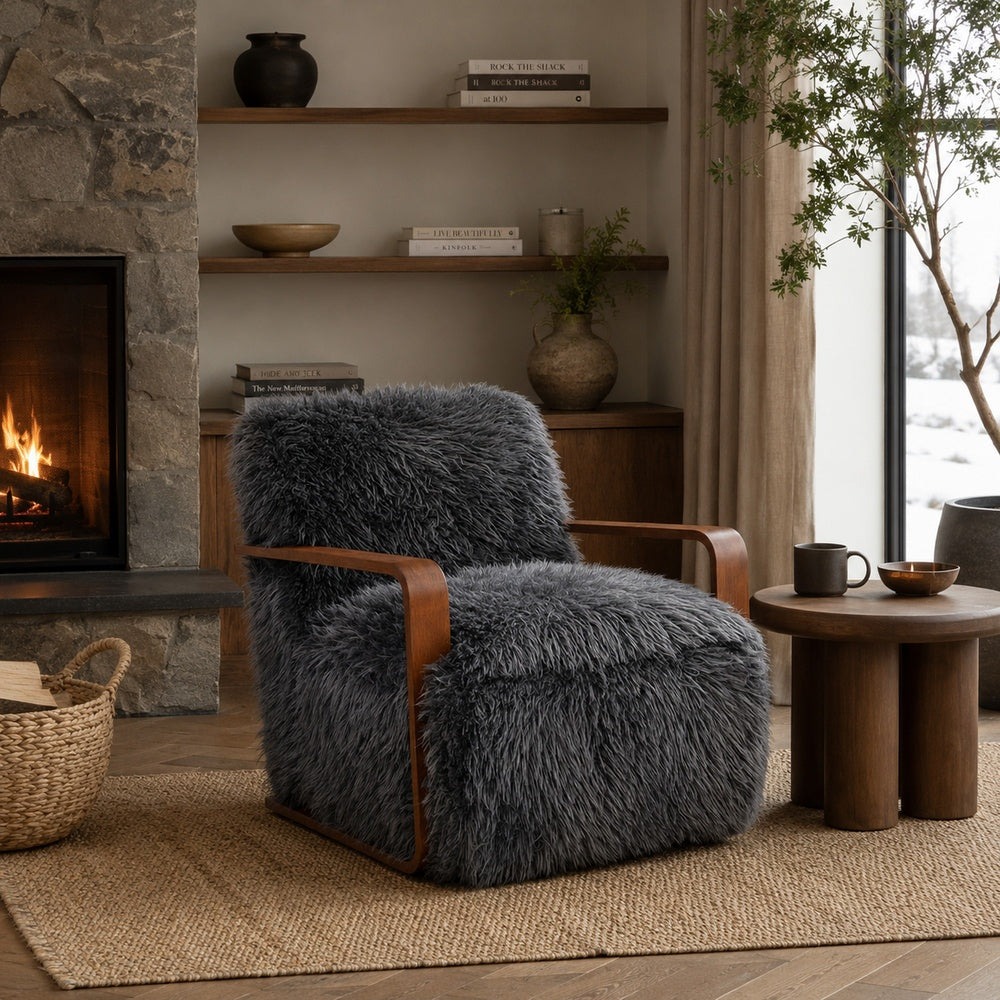 Lama Accent Chair with Wooden Arms, Retro Design, Charcoal Faux-Fur-BM353184