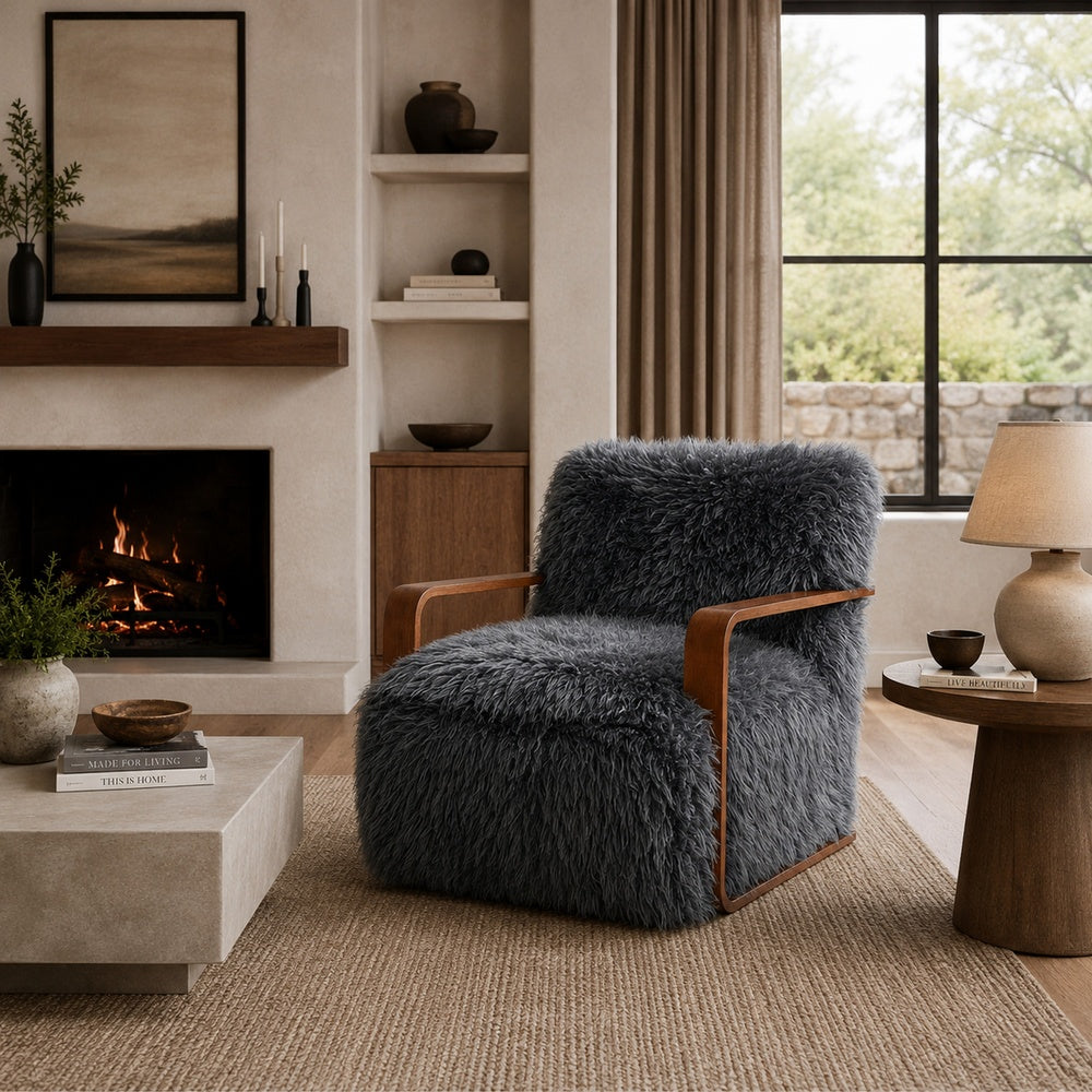 Lama Accent Chair with Wooden Arms, Retro Design, Charcoal Faux-Fur-BM353184